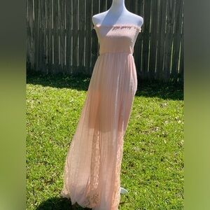 Stilleto’s peach rayon strapless maxi dress with lace panels in skirt. Size L.